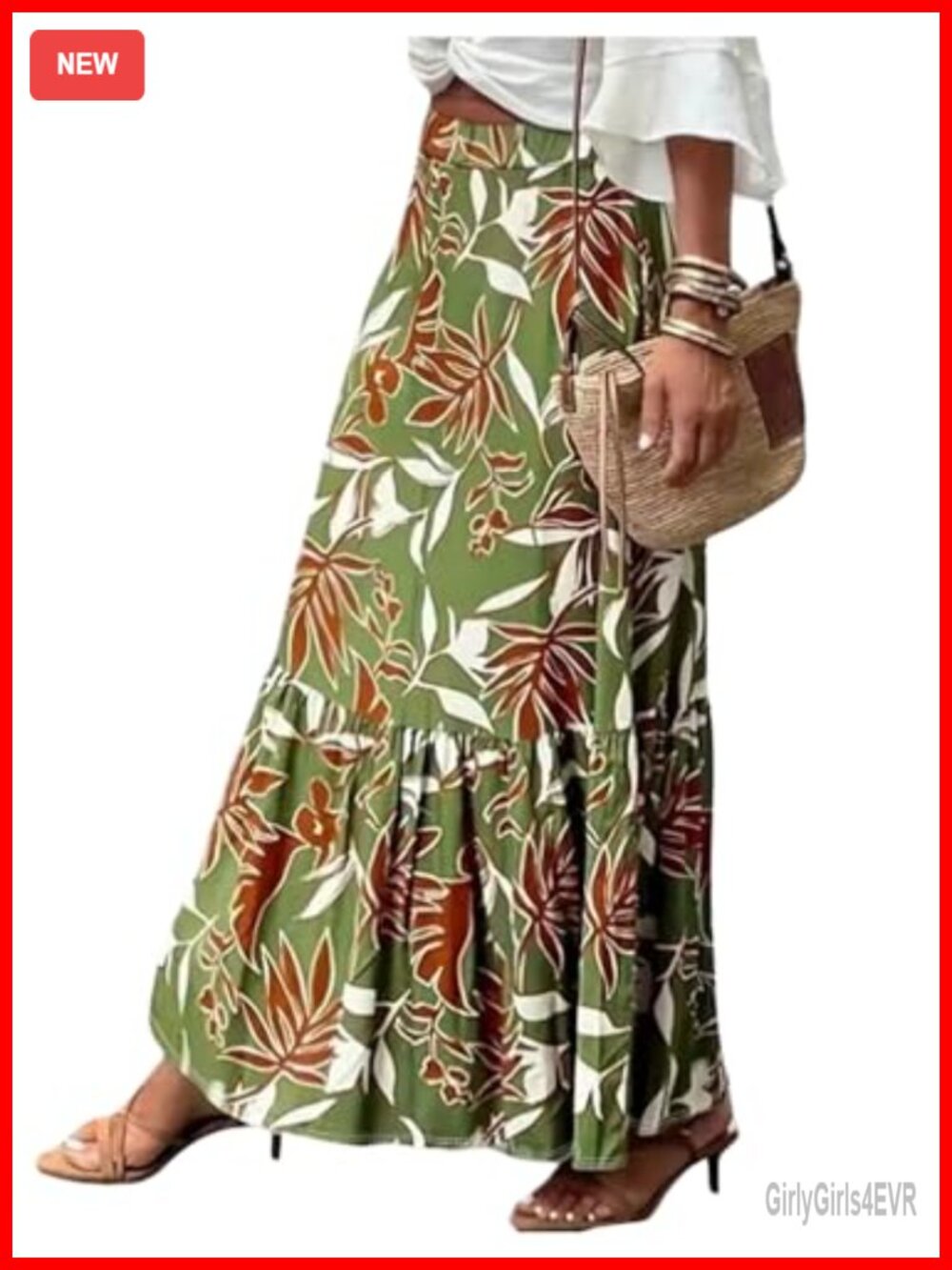 Boho Ruffle Flowy Maxi Skirt High Waisted Elastic Summer Beach Long Skirt